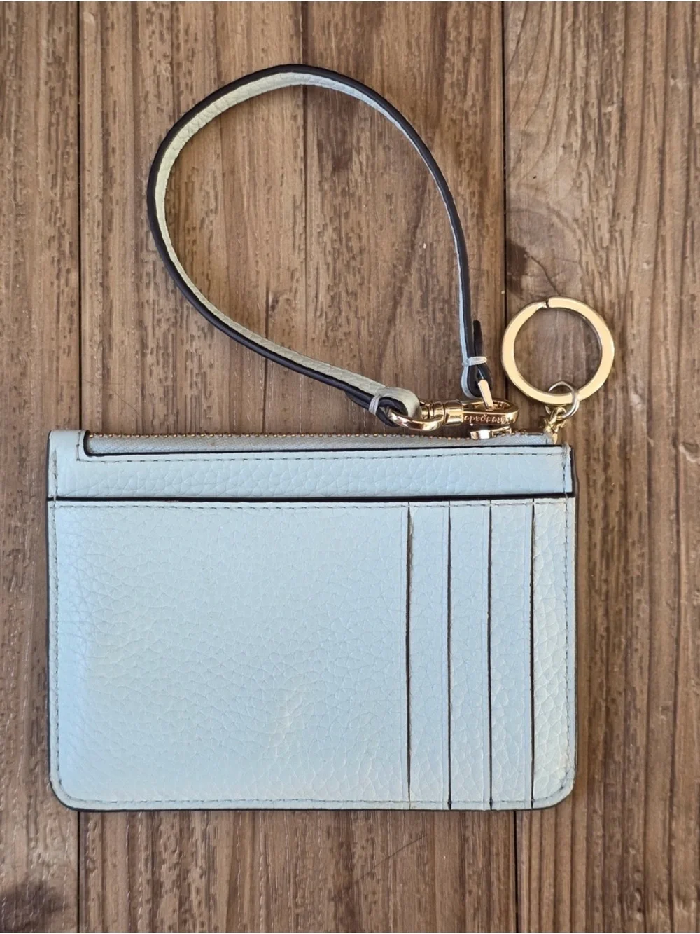 kate spade light blue leather wristlet key card holder with gold hardware